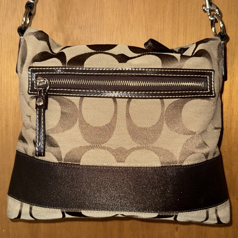 •COACH•TAN & BROWN SIGNATURE “C” STRIPED LOGO FILE TOTE CROSSBODY BAG EUC - Picture 8 of 17